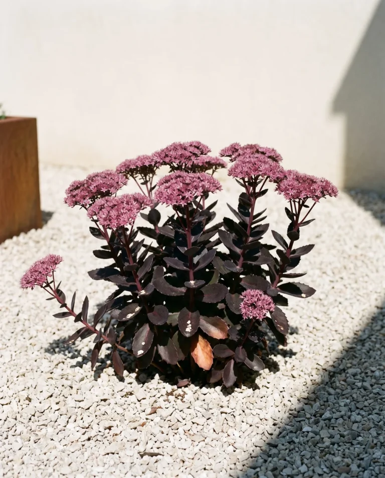 Purple Emperor sedum with dark plum foliage on pale gravel