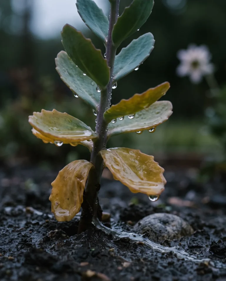 Yellowing lower sedum leaves and wet stem after prolonged rain
