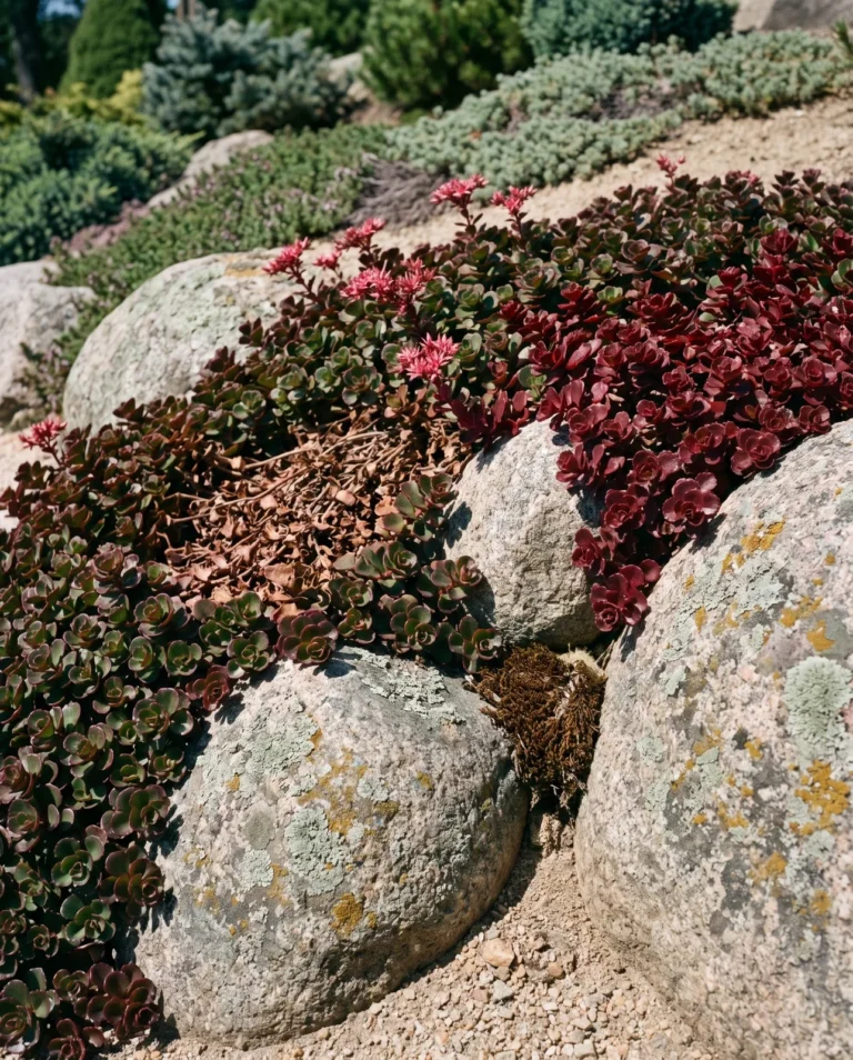 Dragon's Blood sedum mat creeping over rounded granite boulders