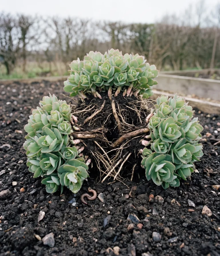 Lifted sedum clump showing natural division sections and young rosettes