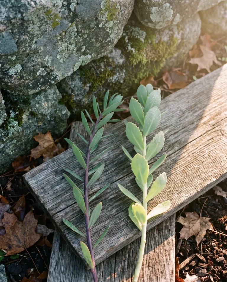 Macro of alternate leaves of Hylotelephium telephium beside opposite leaves of spectabile