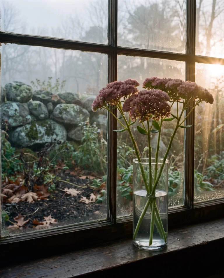 Cut sedum flower heads in a glass vase on a farmhouse windowsill