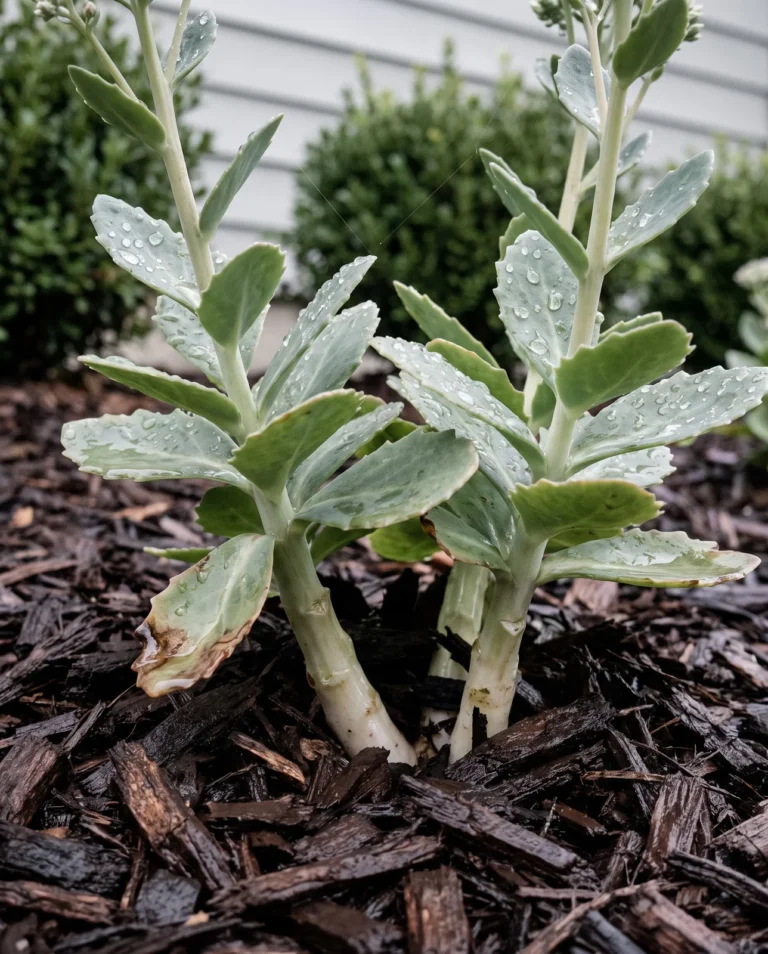 Wet bark mulch piled against upright sedum stems