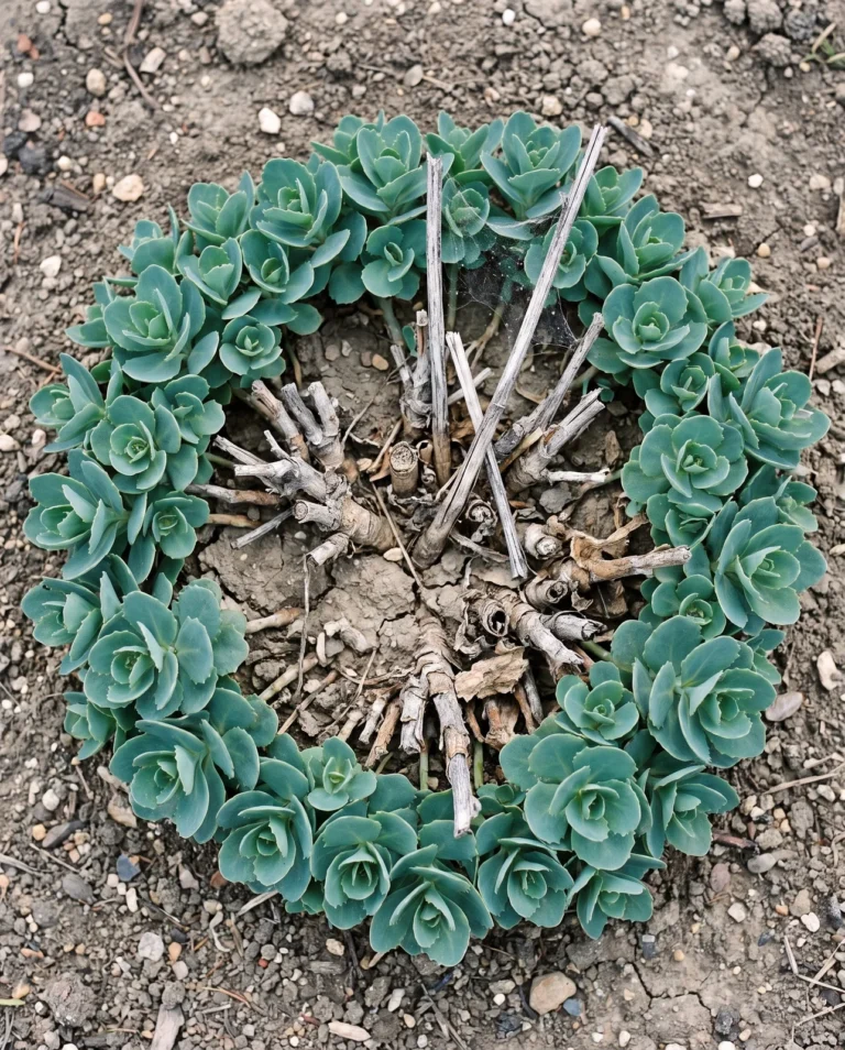 Old sedum crown with bare woody center ringed by shoots