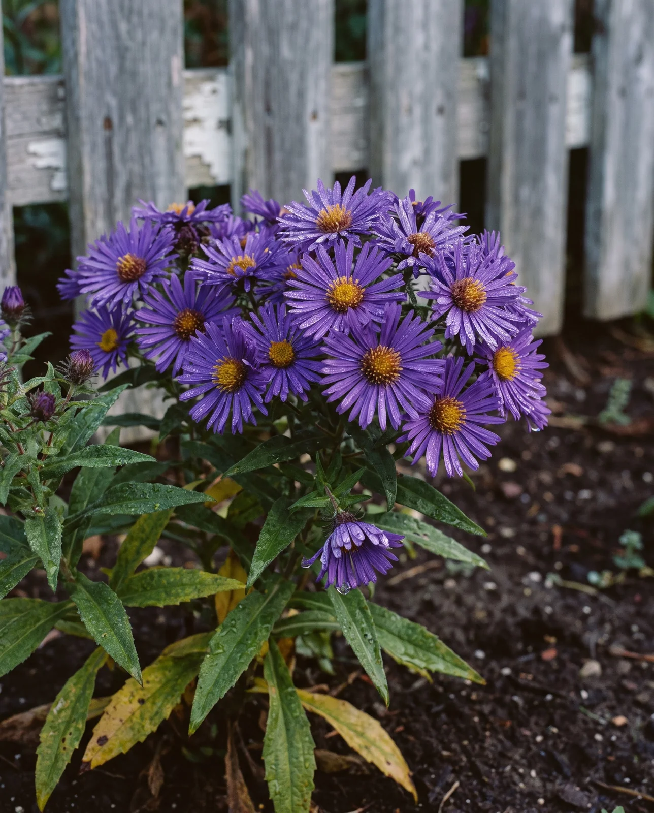 Purple New England asters blooming with morning dew along a weathered fence.
