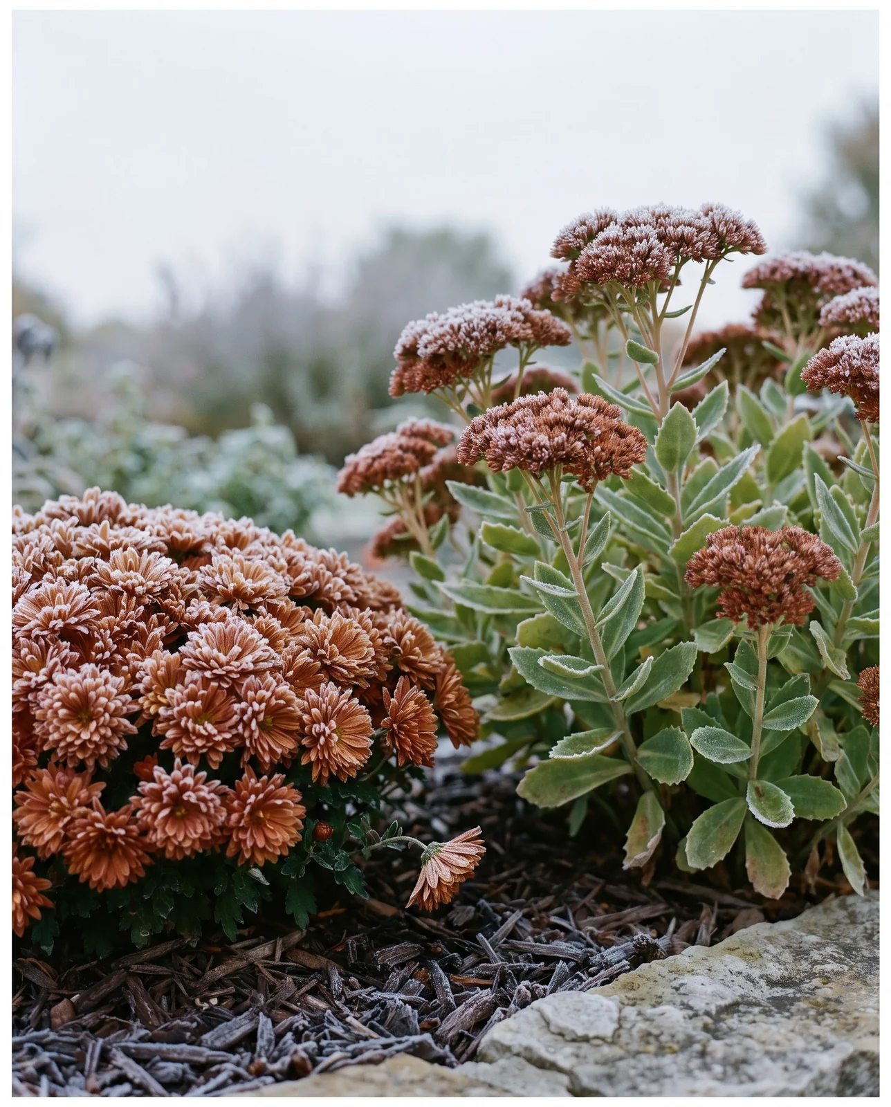 Rust garden mums and coppery sedum rimmed with early autumn frost.