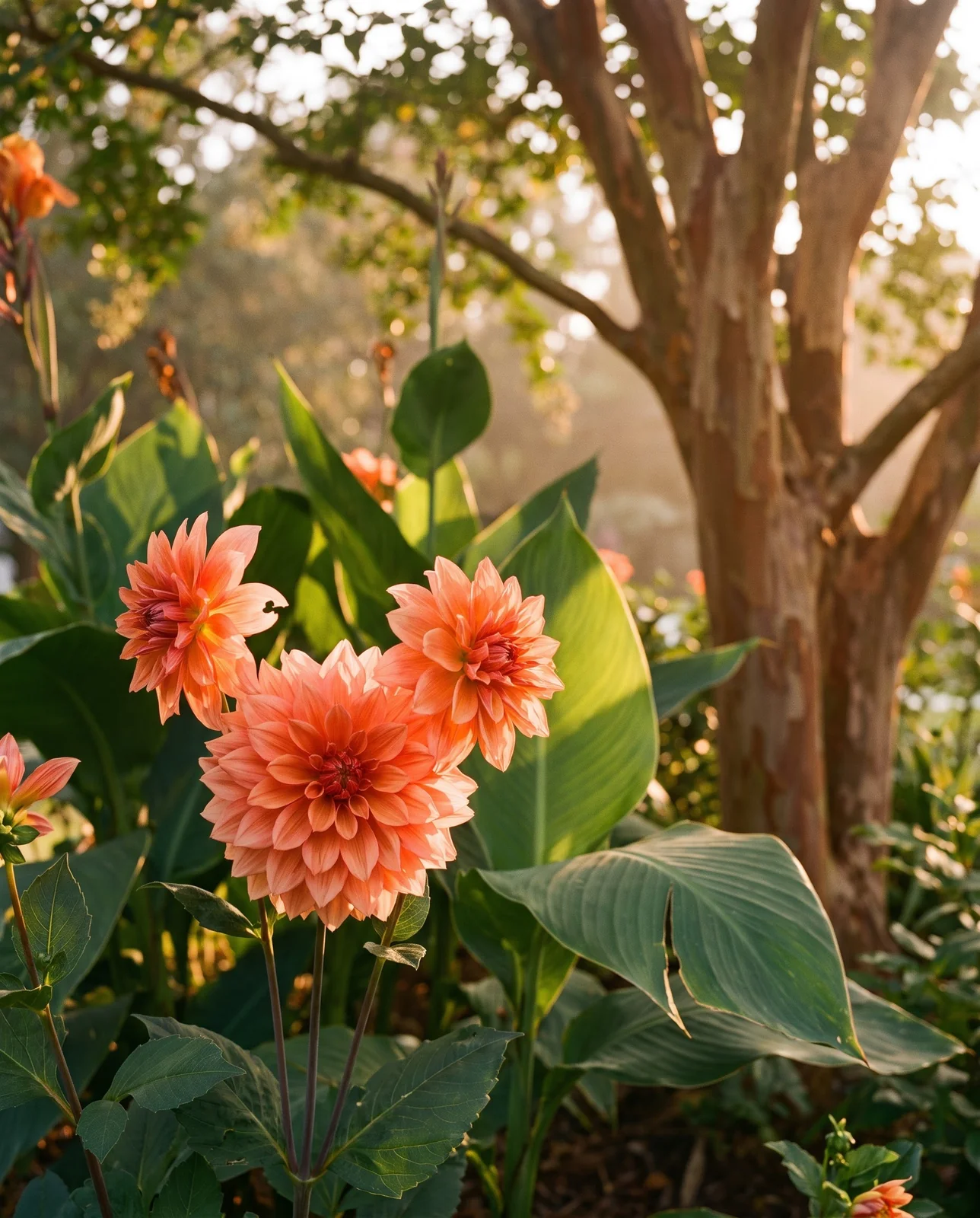 Coral dahlia blooms in a Southern garden under warm evening light.