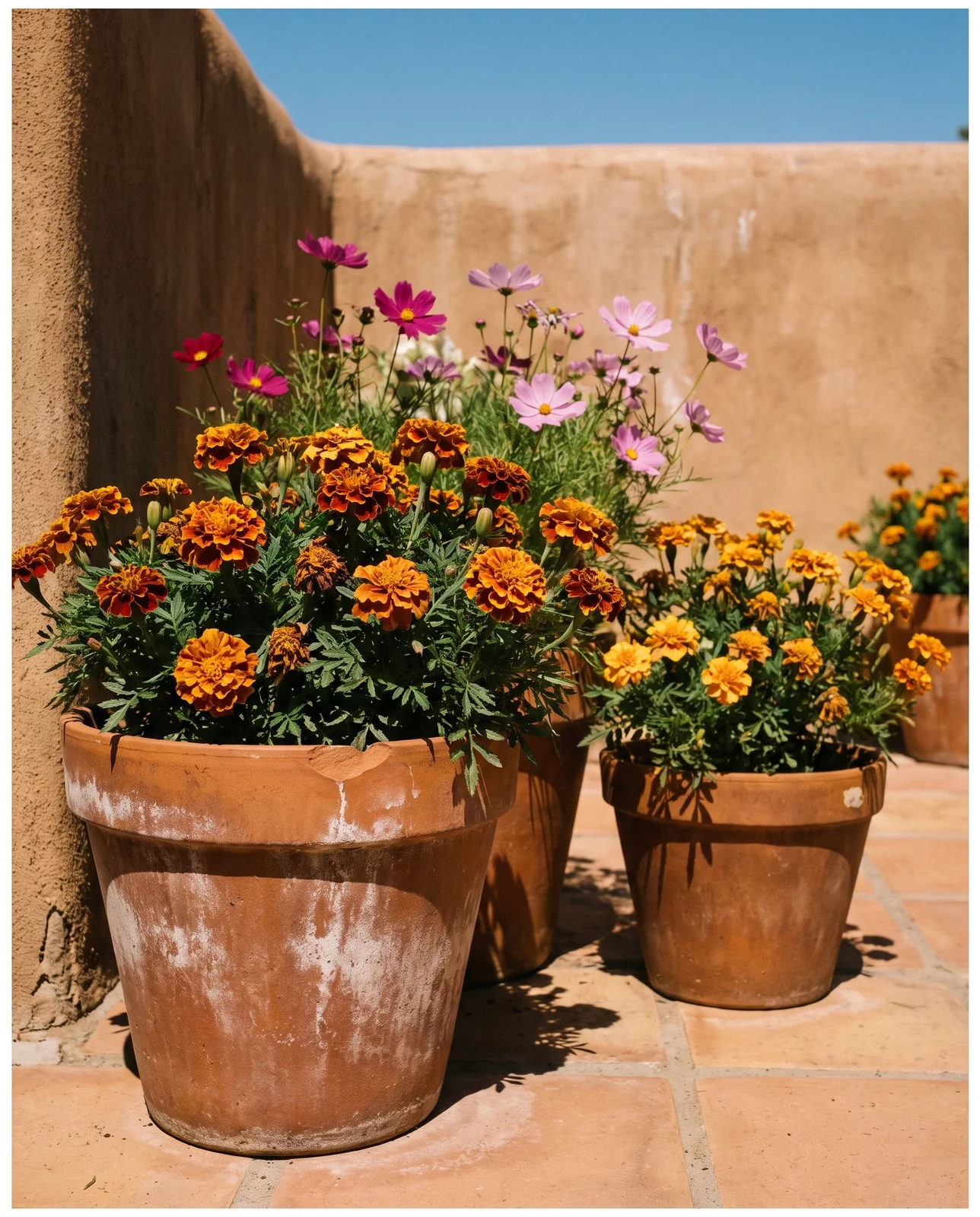 Terracotta pots of orange marigolds and cosmos in bright desert sunlight.