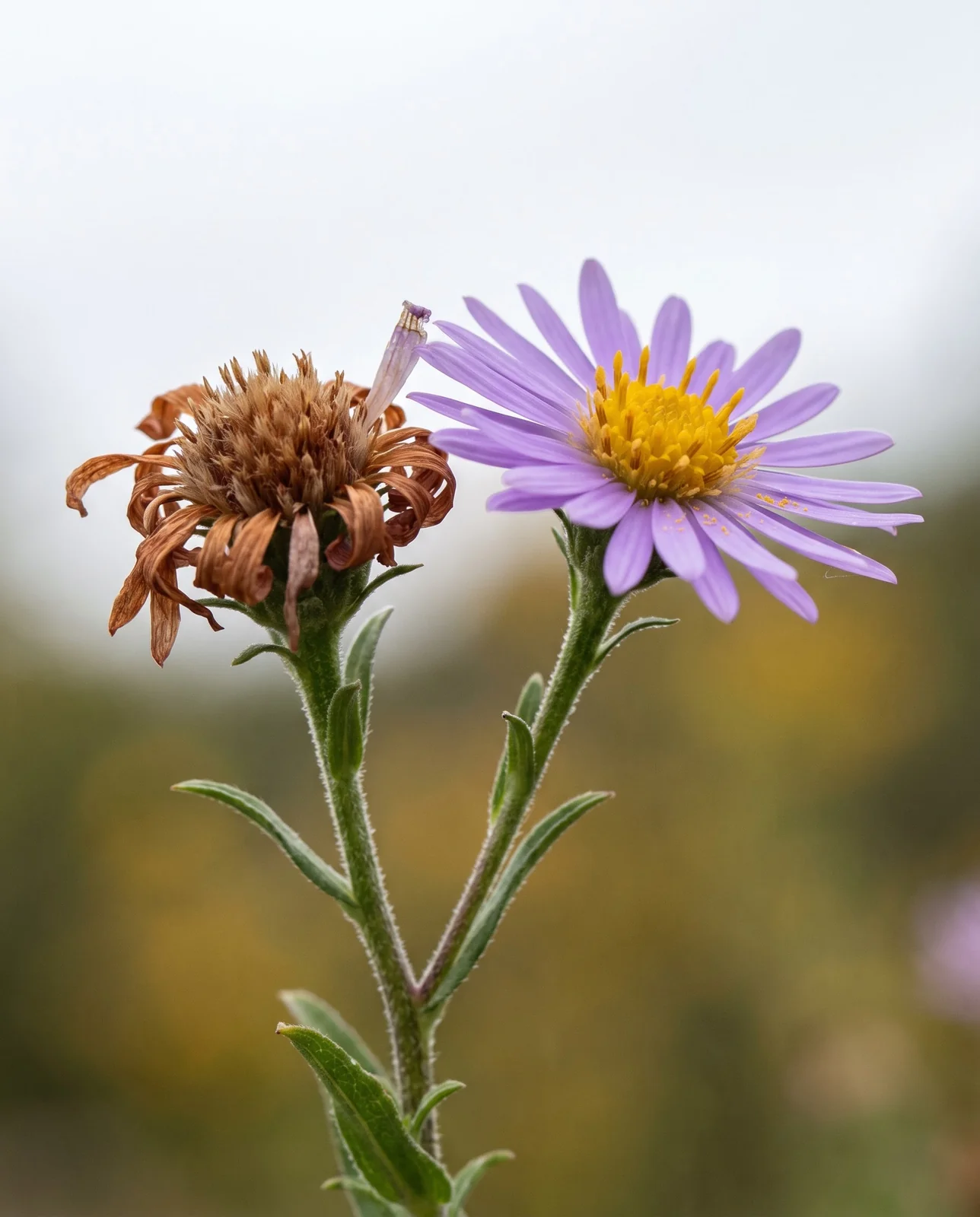 Close-up of fresh purple aster bloom beside spent brown seedhead.