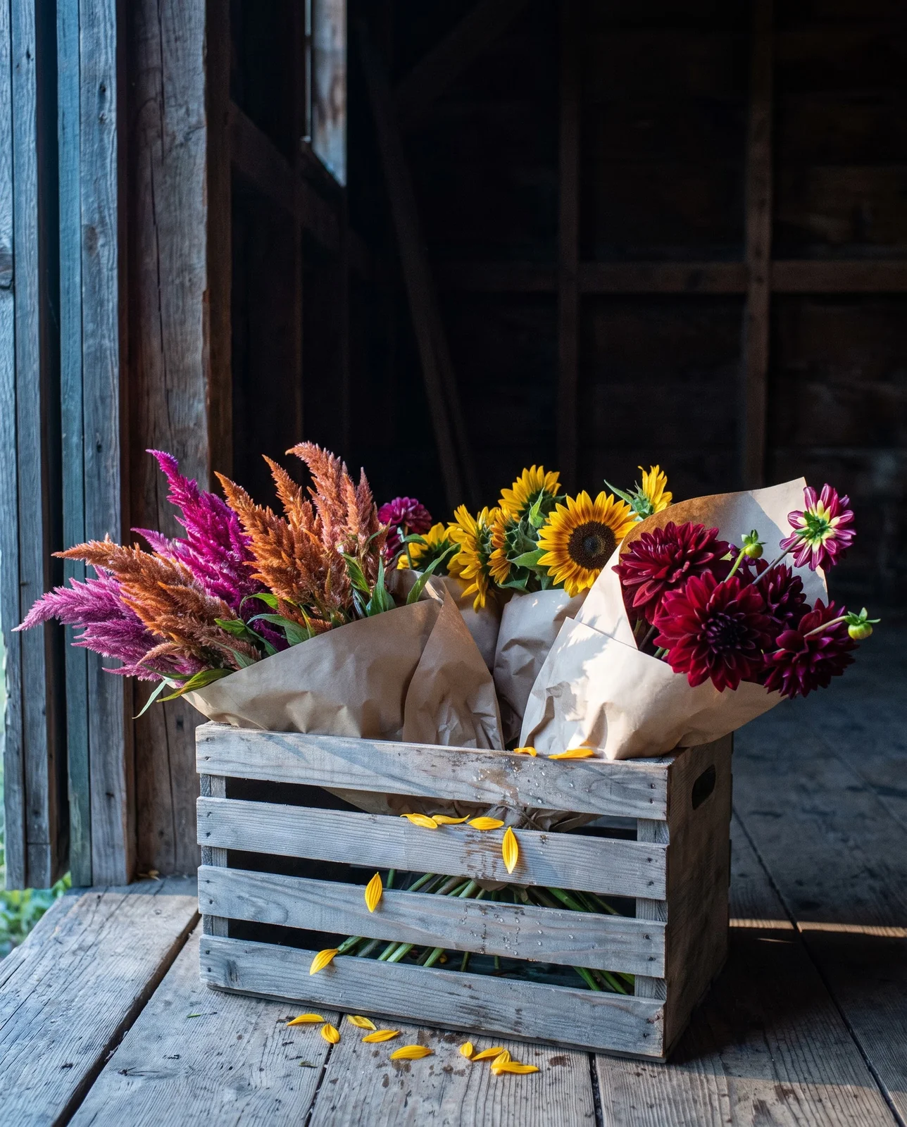 Harvested dahlias, sunflowers, and celosia in a rustic wooden crate.