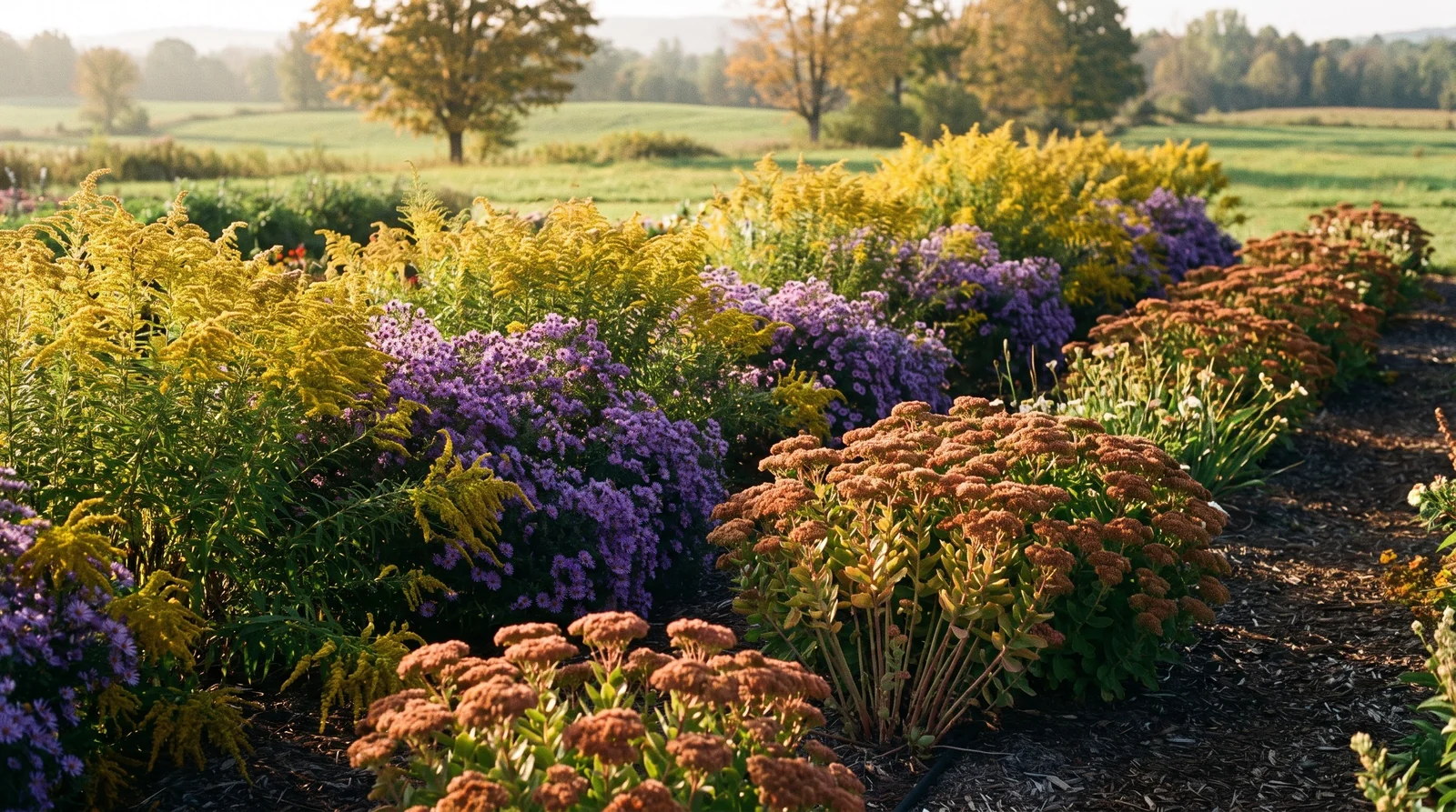 Wide cutting garden bed with goldenrod, purple asters, and russet sedum.