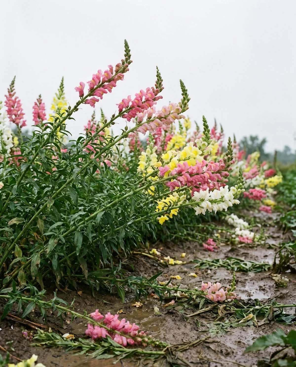 Tall snapdragons blown flat in a bed, each stem curving upward again at the tip