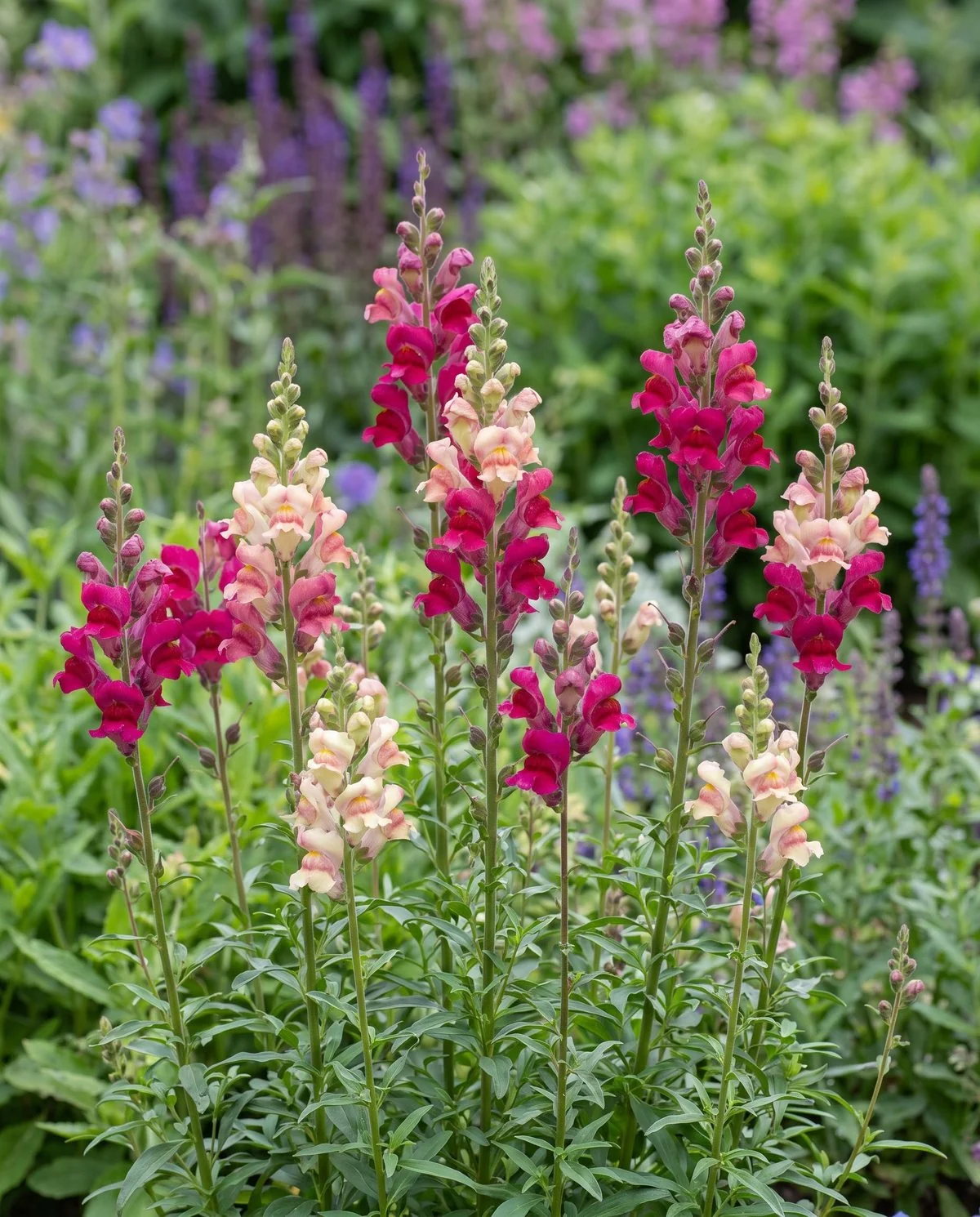 Mid-height snapdragons about eighteen inches tall standing unsupported in a border with slim spikes