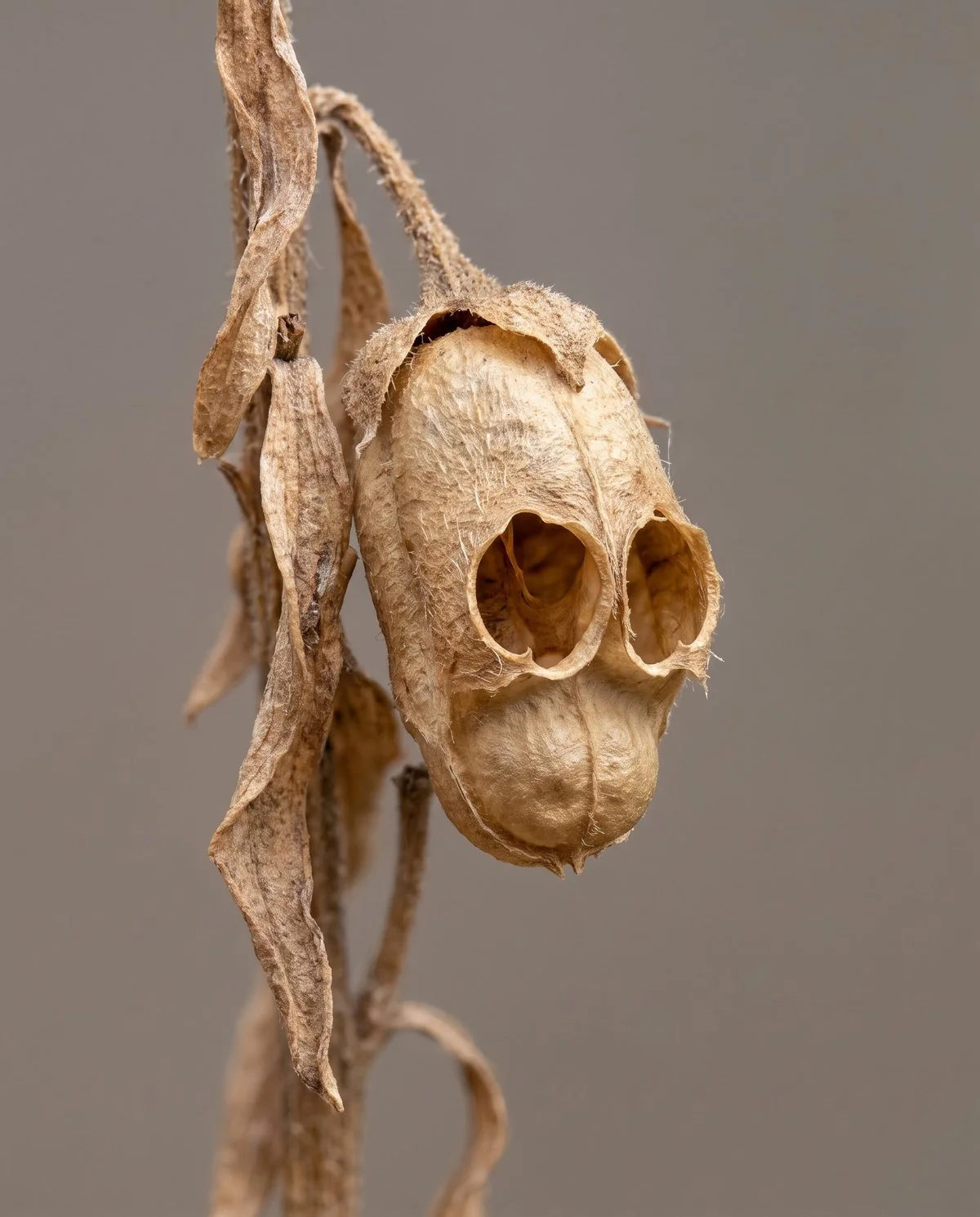 A dried snapdragon seed capsule with open pores at its tip forming a hollow face-like pattern