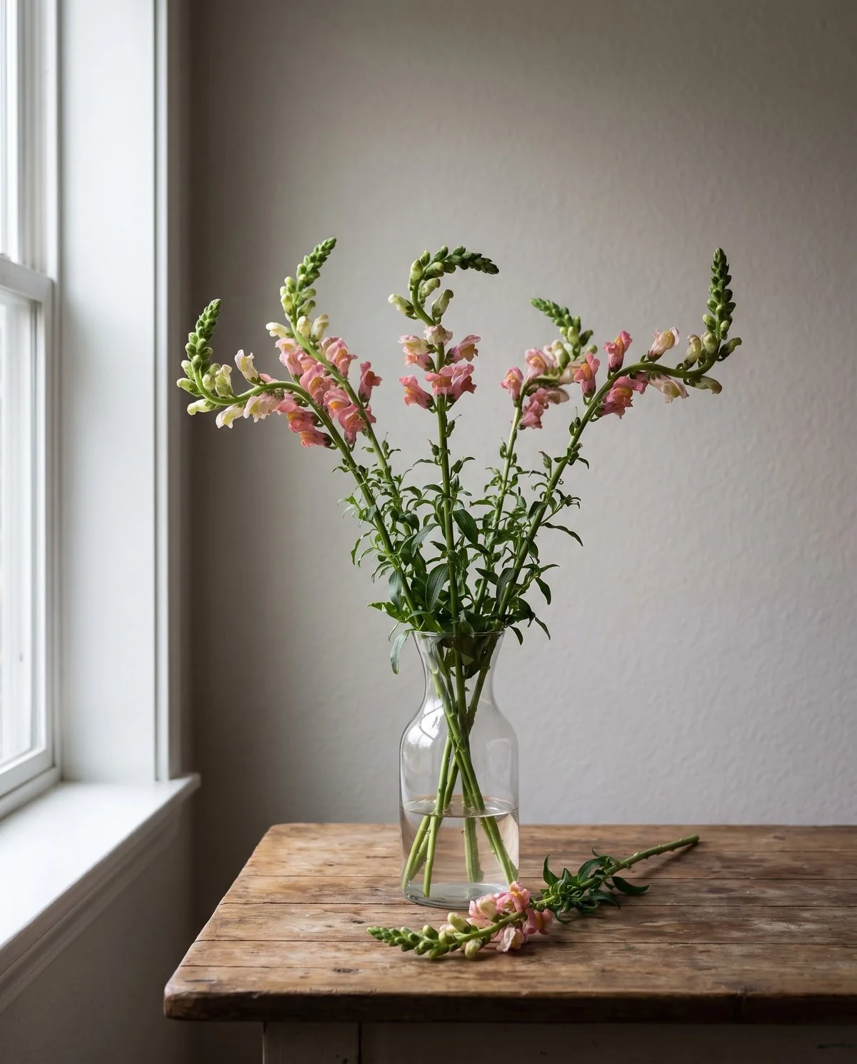 Cut snapdragon stems in a vase with their tips hooked upward into permanent curves
