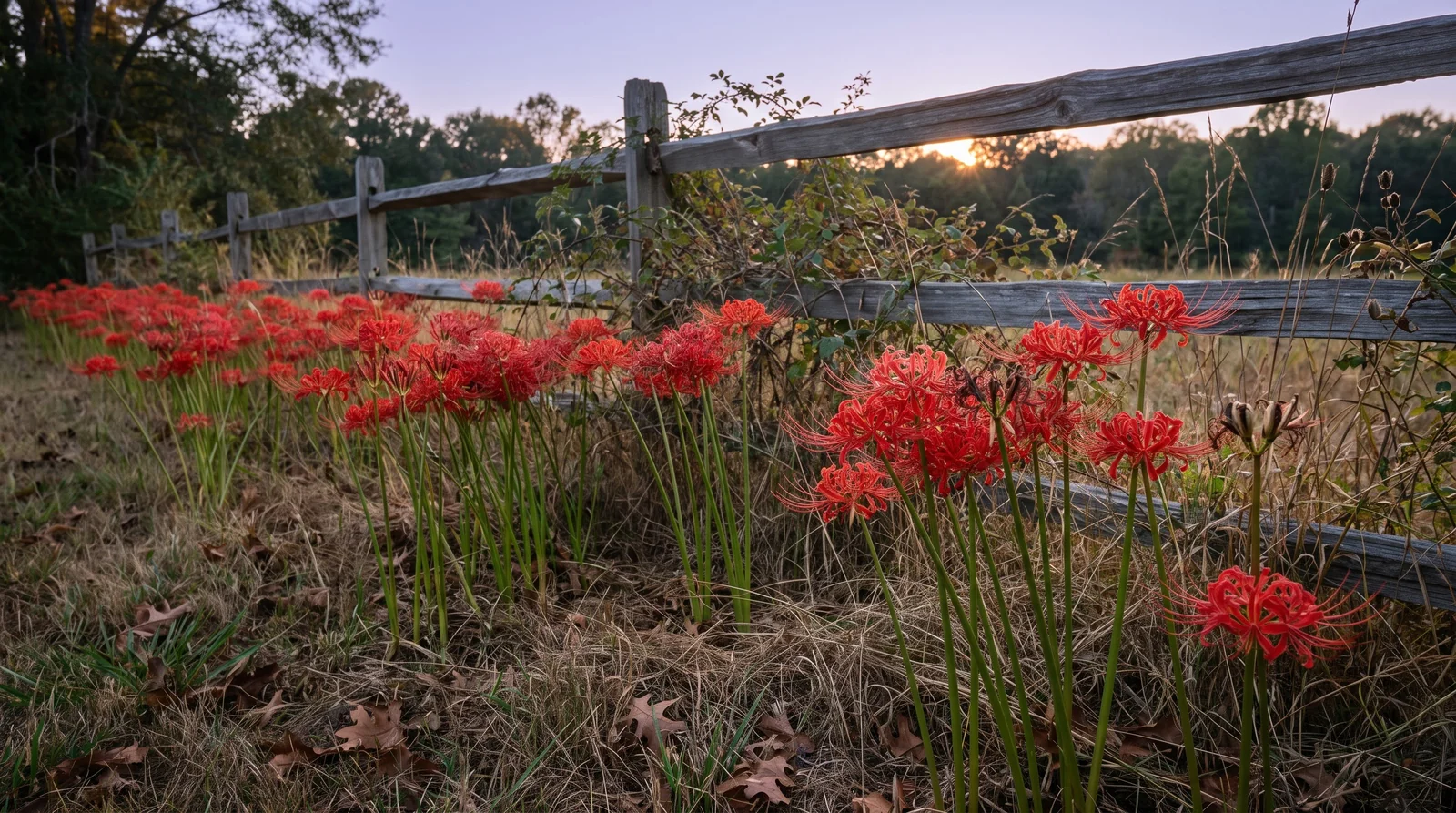 Naturalized colony of red spider lilies blooming along rustic farm fence