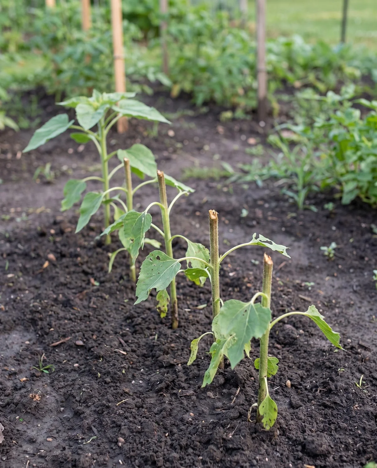 Young sunflower plants with their tops bitten off cleanly at mid-stem, leaving blunt cut stumps and a few torn leaves