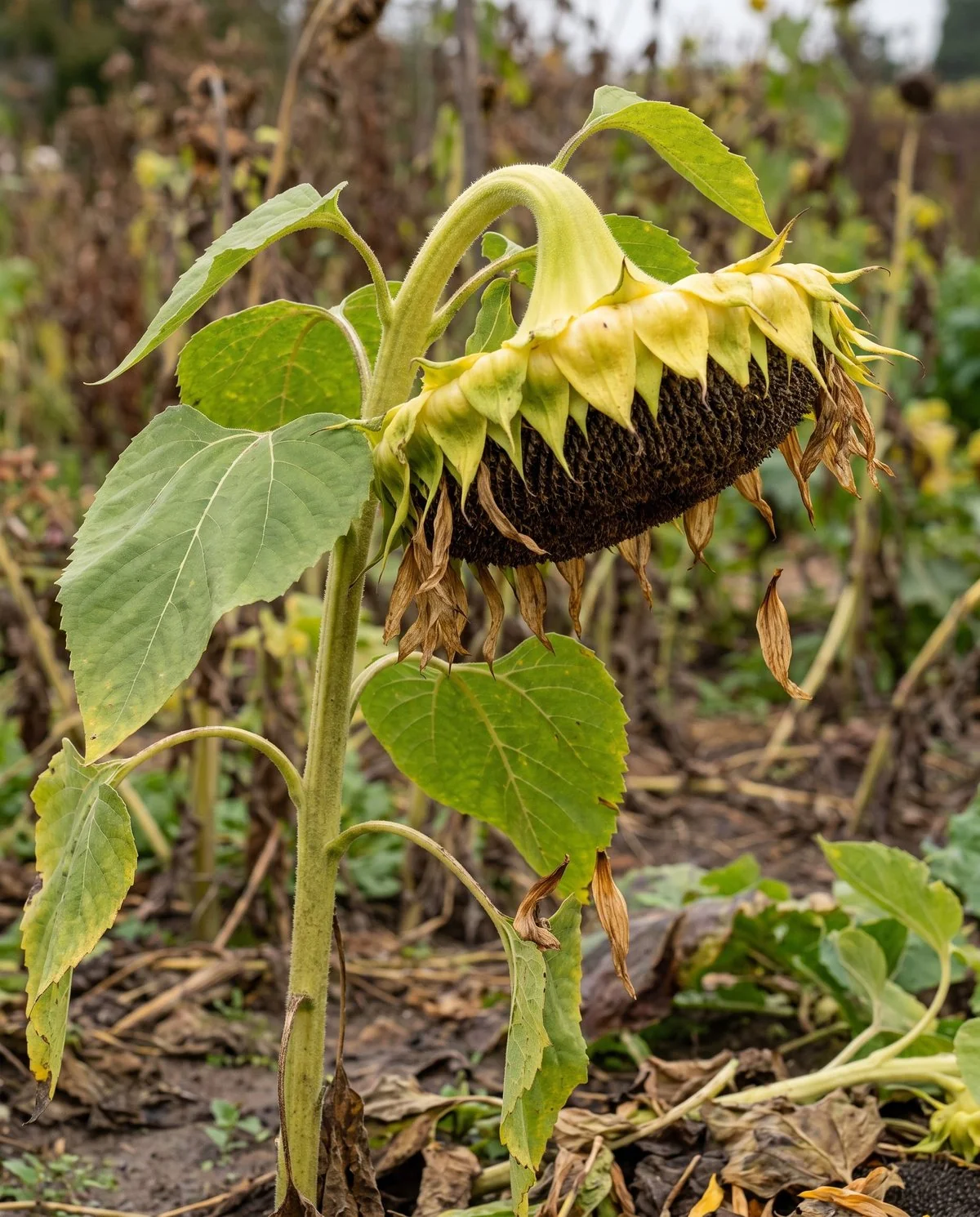 A mature sunflower head hanging face-down on a bent neck, the back of the head turning lemon-yellow and the petals withered