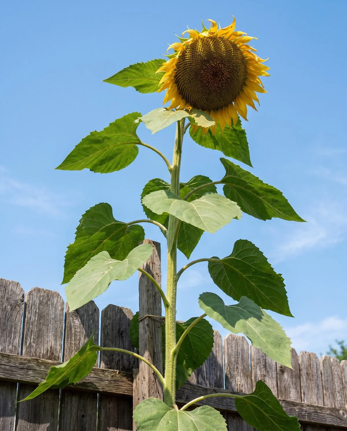 A giant sunflower on a single thick stalk far above a fence, one huge head nodding forward with a stake tied along the stem