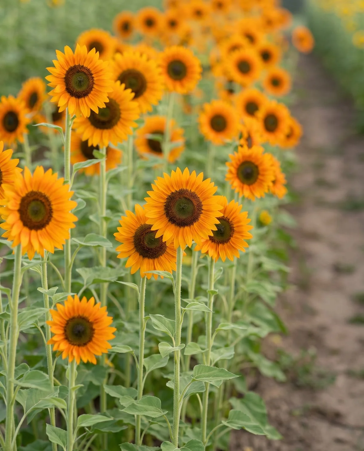 A row of single-stem pollenless sunflowers grown close together, each with one clean orange bloom and a dark pollen-free centre