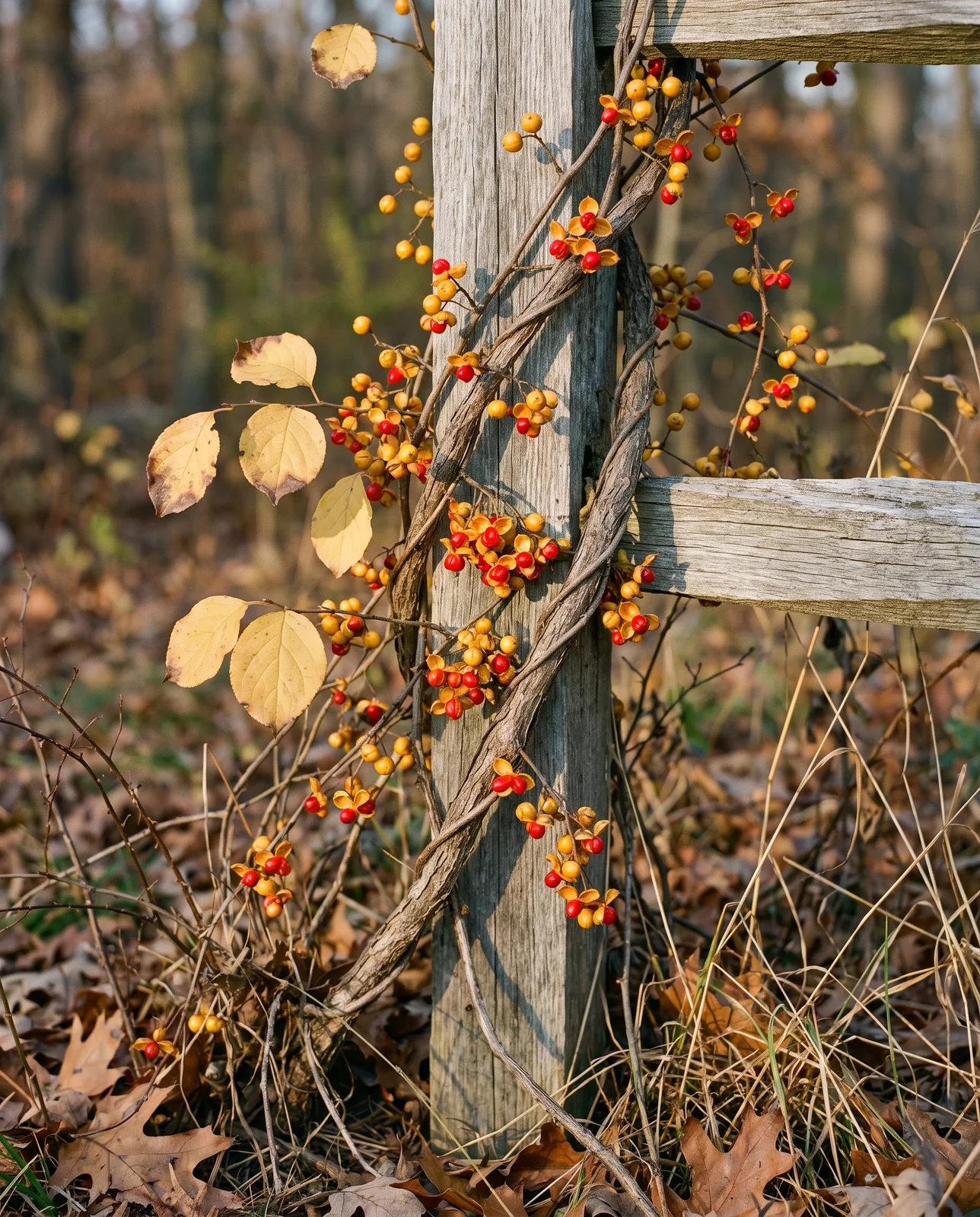 Invasive bittersweet vine with red berries climbing a rustic fence post