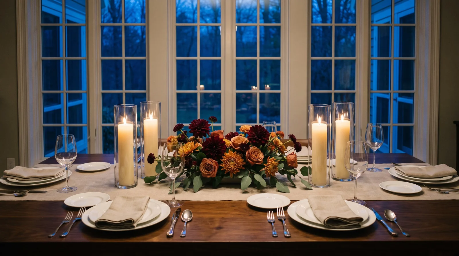 Thanksgiving dinner table setting with low centerpiece and safely spaced candles
