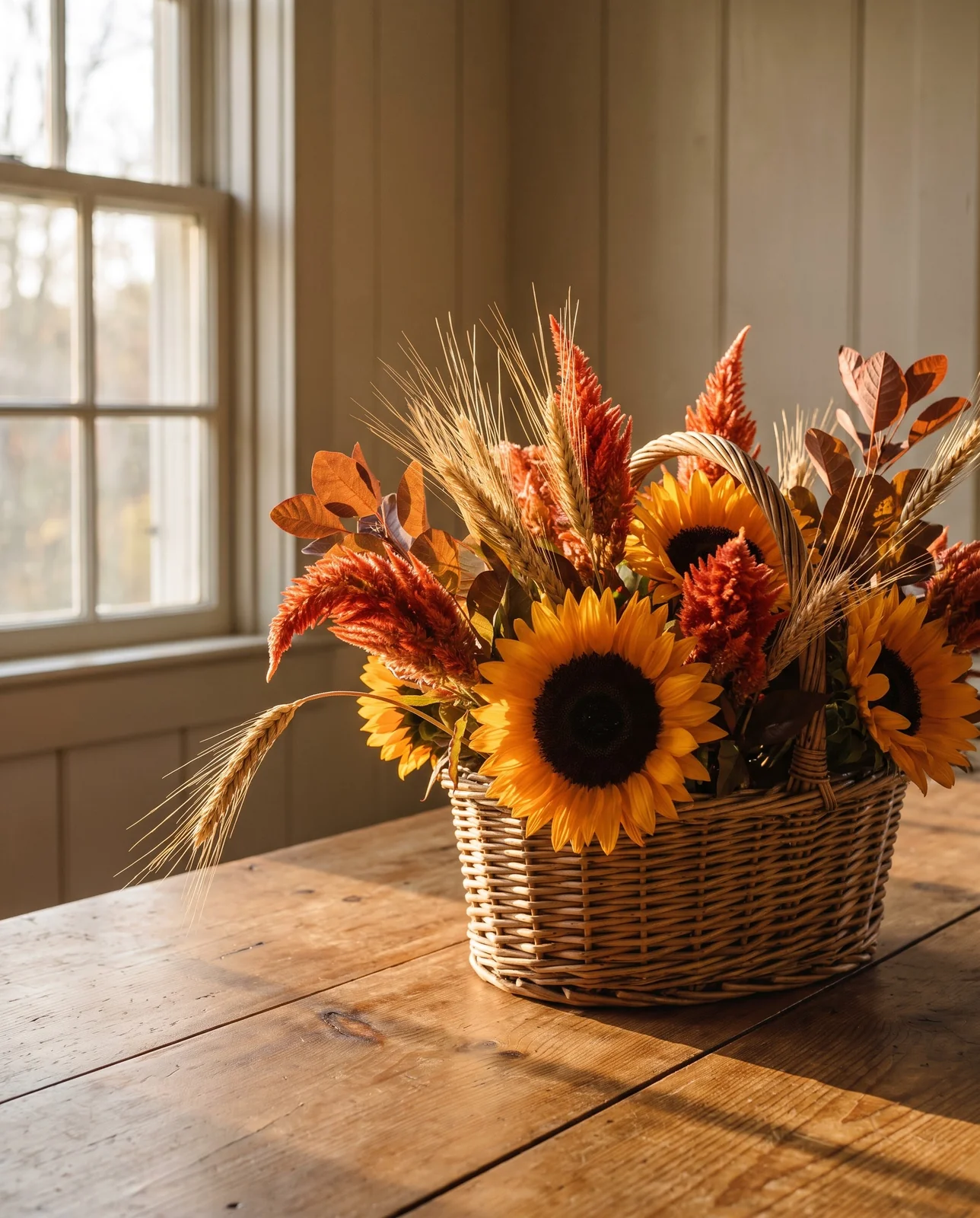 Wicker basket Thanksgiving centerpiece with sunflowers, celosia plumes, and wheat
