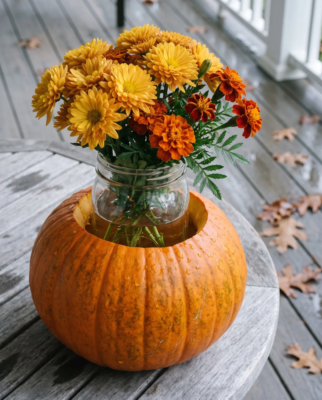 Carved sugar pumpkin vase with internal glass jar holding fresh marigolds