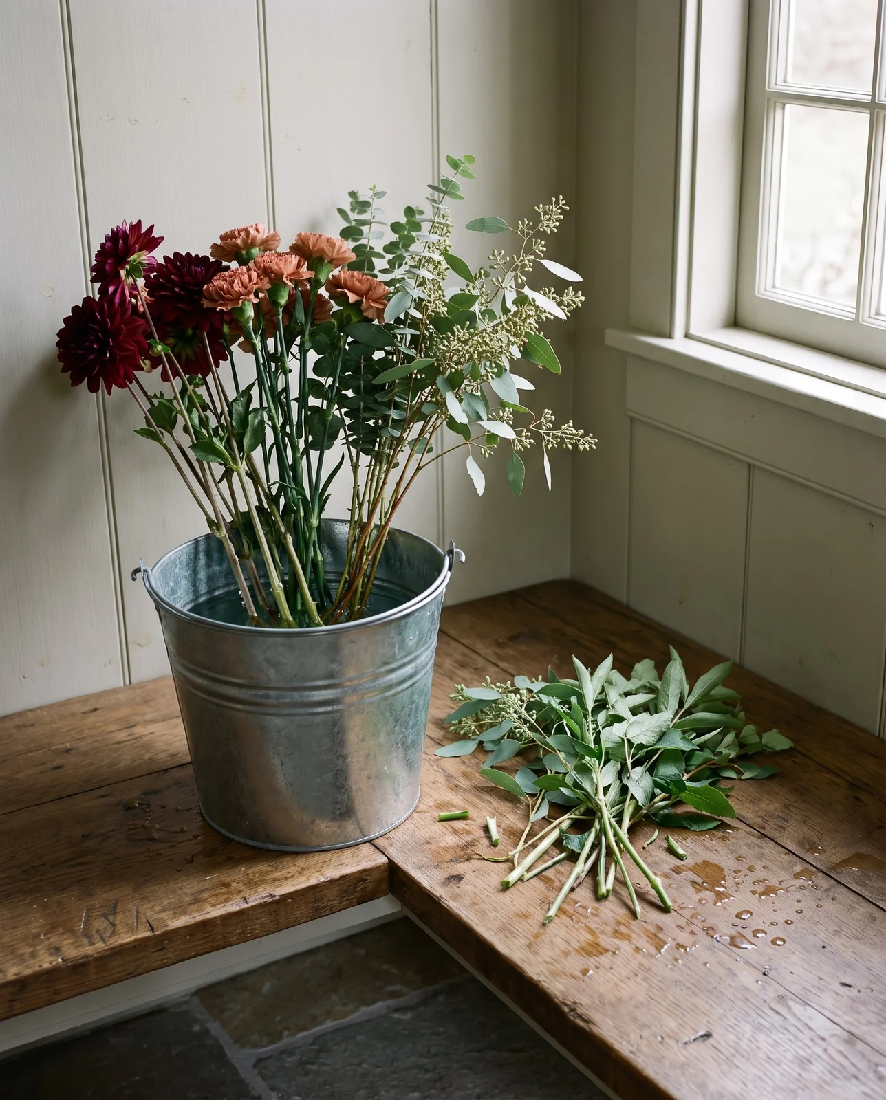 Hydrating stripped Thanksgiving flower stems in a galvanized bucket on bench