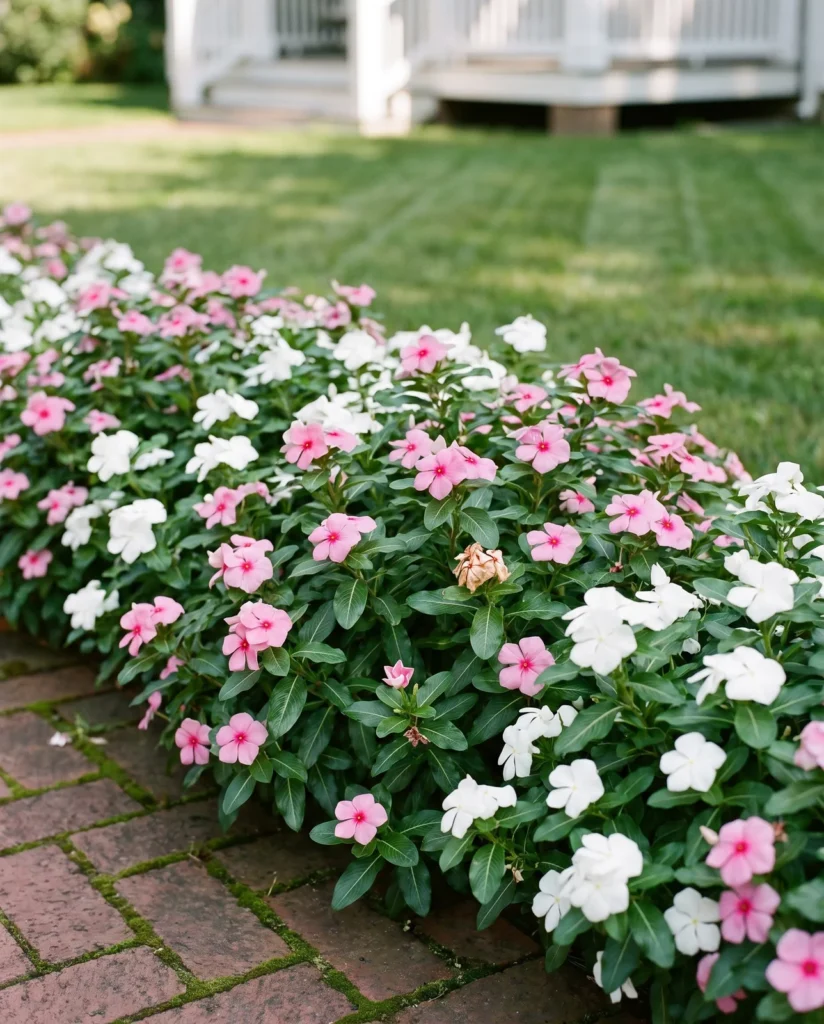 A sunny bed of annual vinca in pink and white mounds with glossy leaves along a brick walk in July
