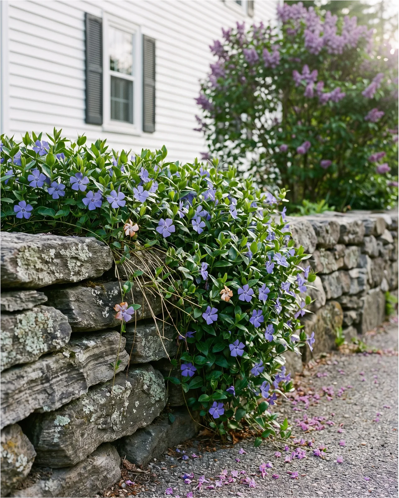 Periwinkle groundcover with blue flowers spilling over an old fieldstone wall in a New England yard in spring