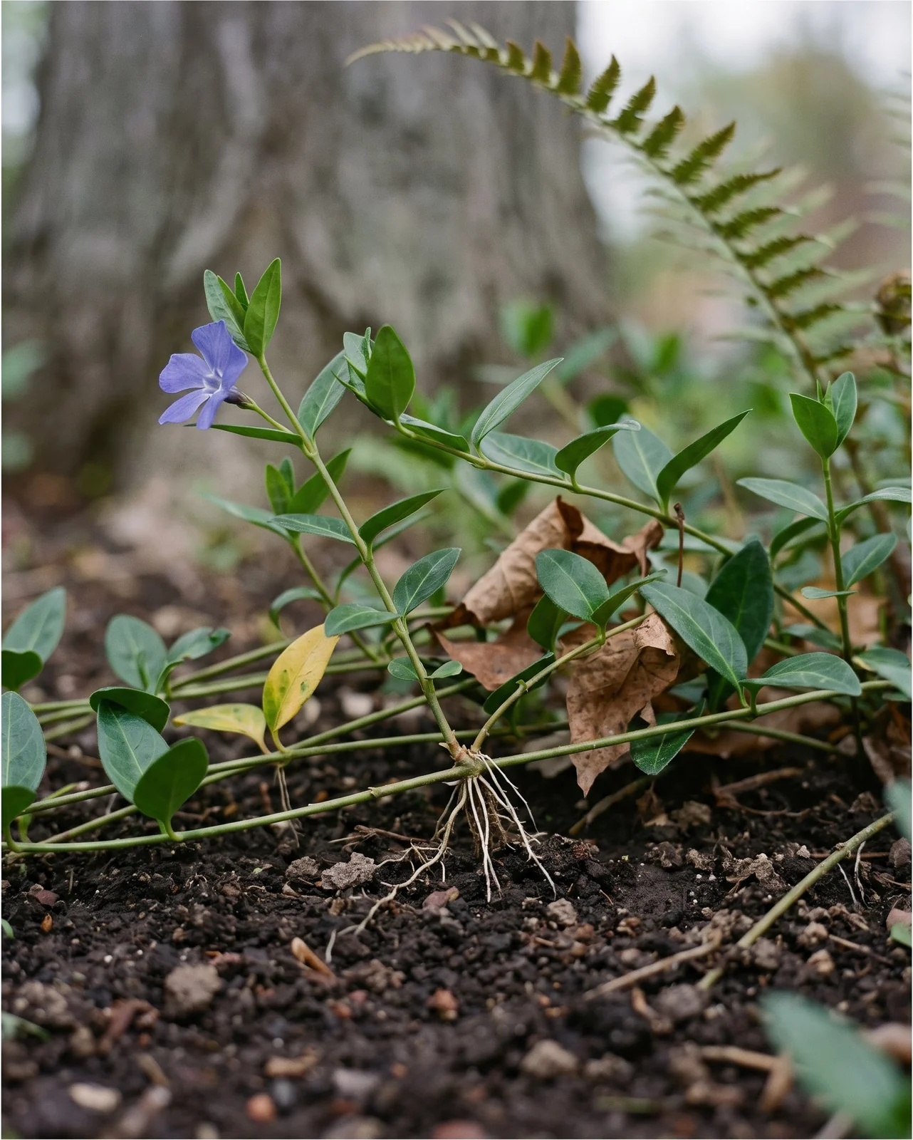 Close view of periwinkle runners rooting at their nodes into dark soil under trees with glossy leaves