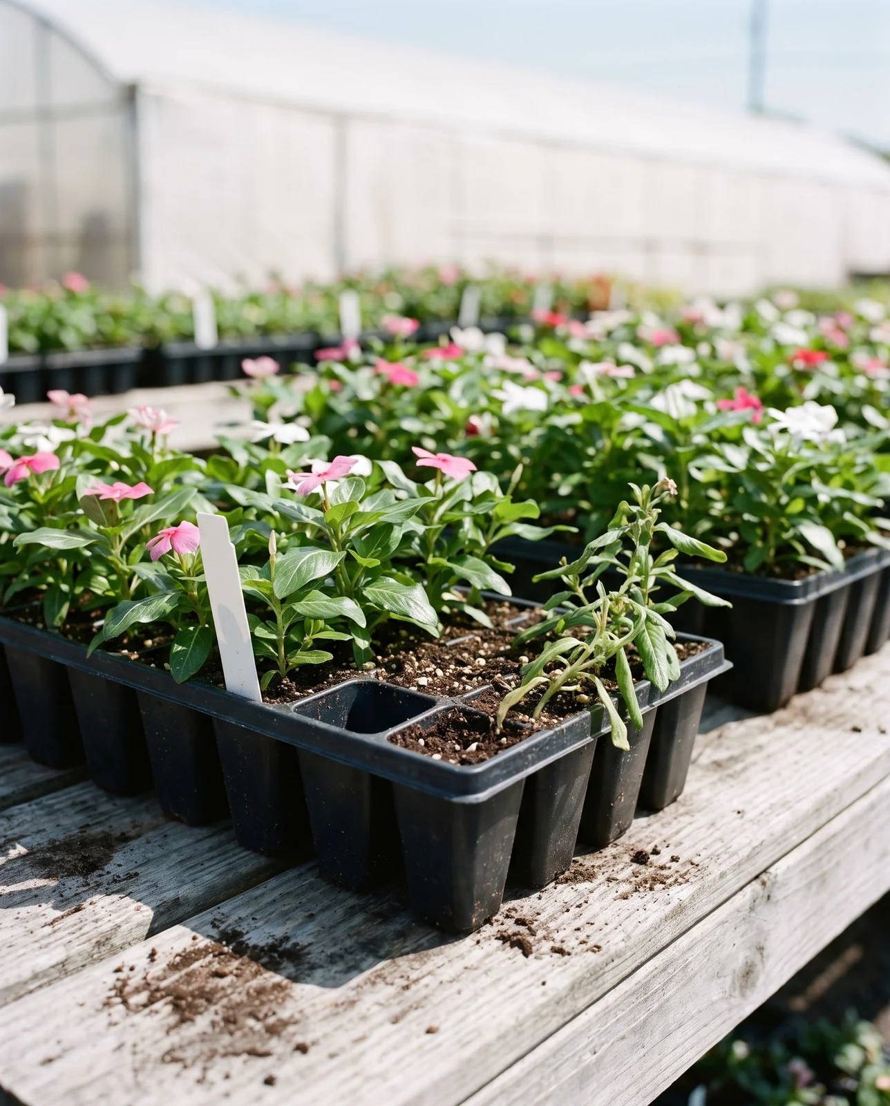 Annual vinca transplants in plastic cell packs on a garden center bench with warm soil and sun in late spring
