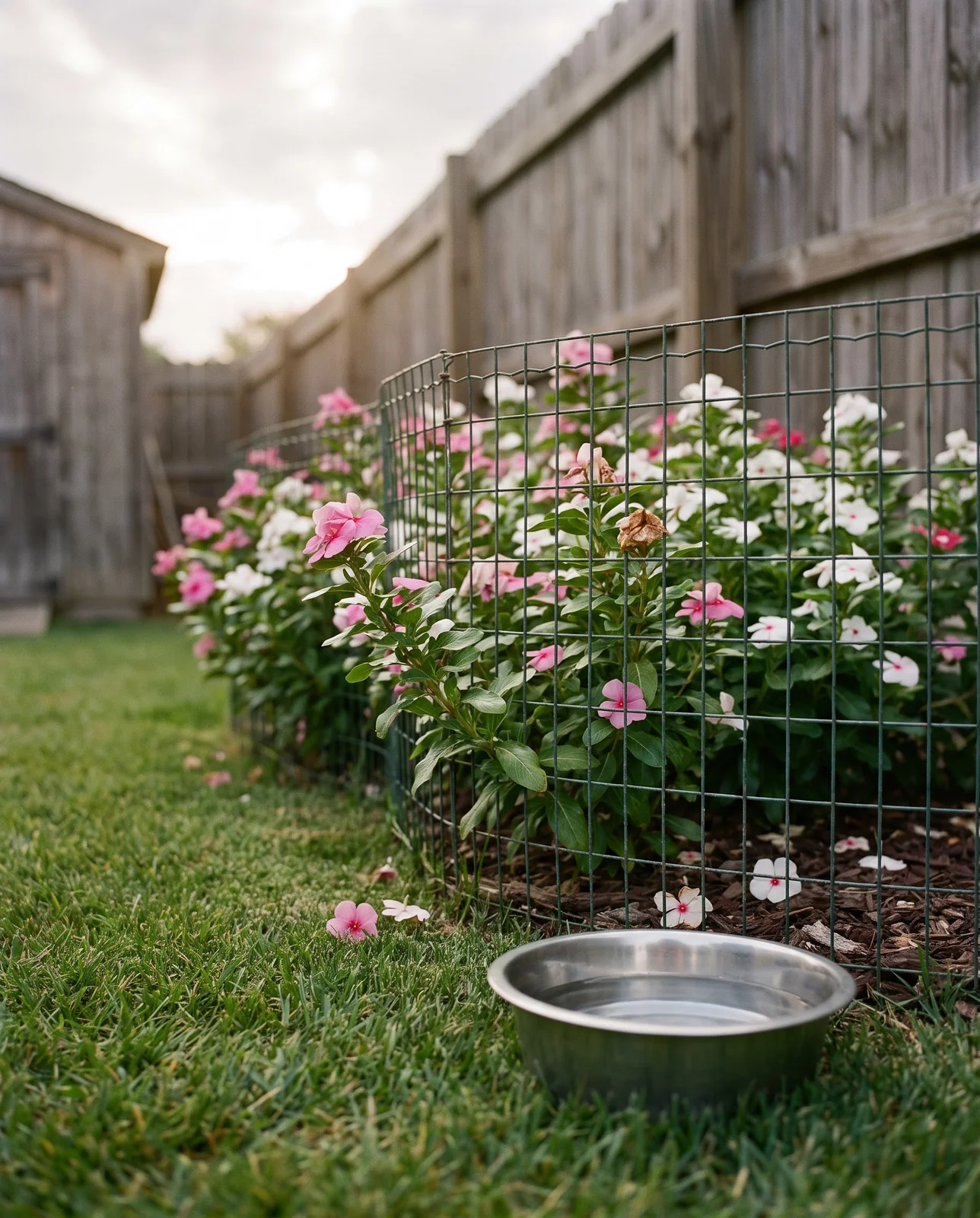 A bed of annual vinca behind a low wire garden fence with a dog water bowl on the lawn well away from it