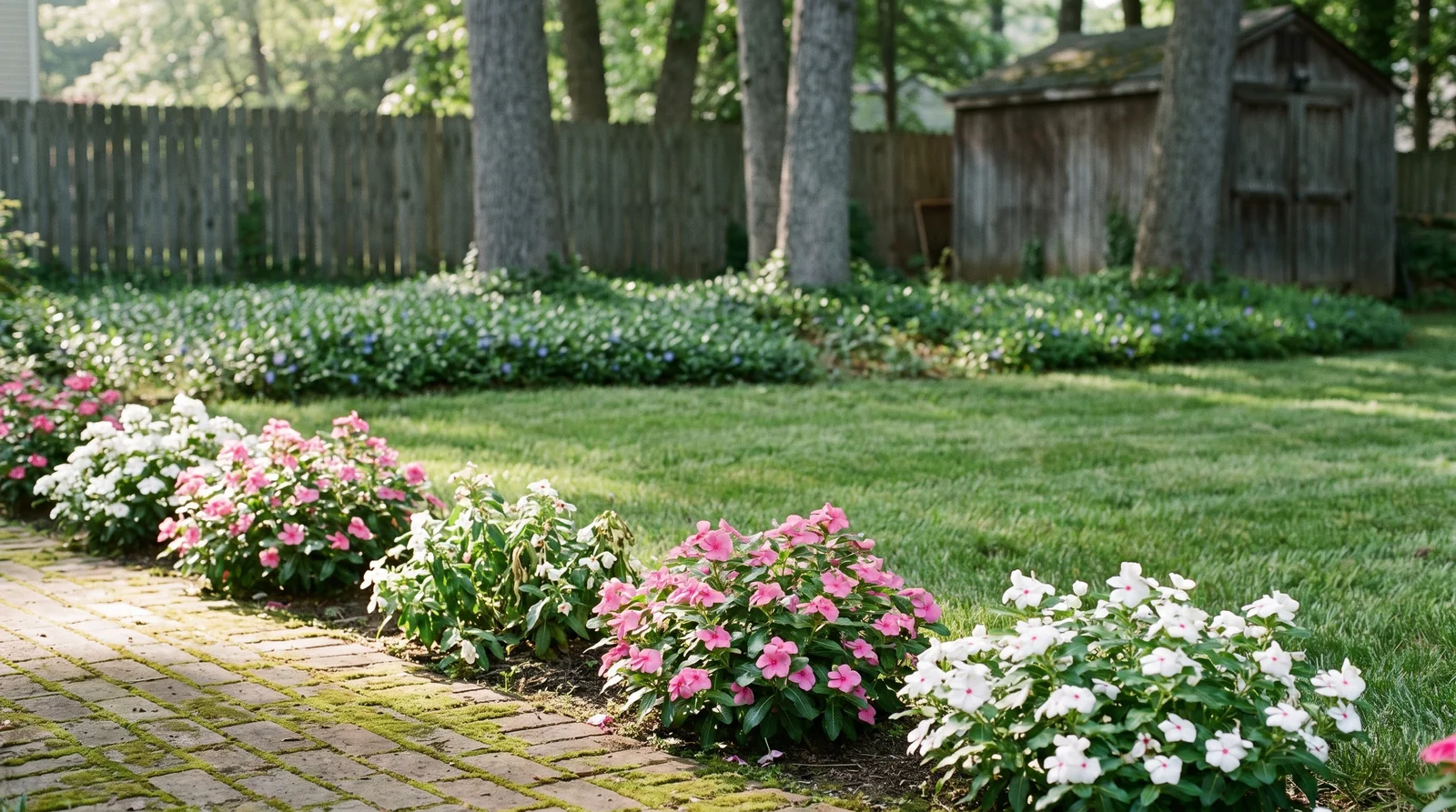 Wide view of a sunny bed of annual vinca in front of a shady carpet of periwinkle groundcover under trees in one yard