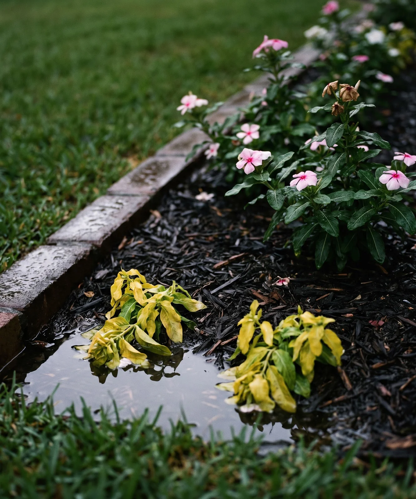 A few annual vinca plants yellowed and limp in soggy dark mulch after heavy rain beside healthy ones in drier soil