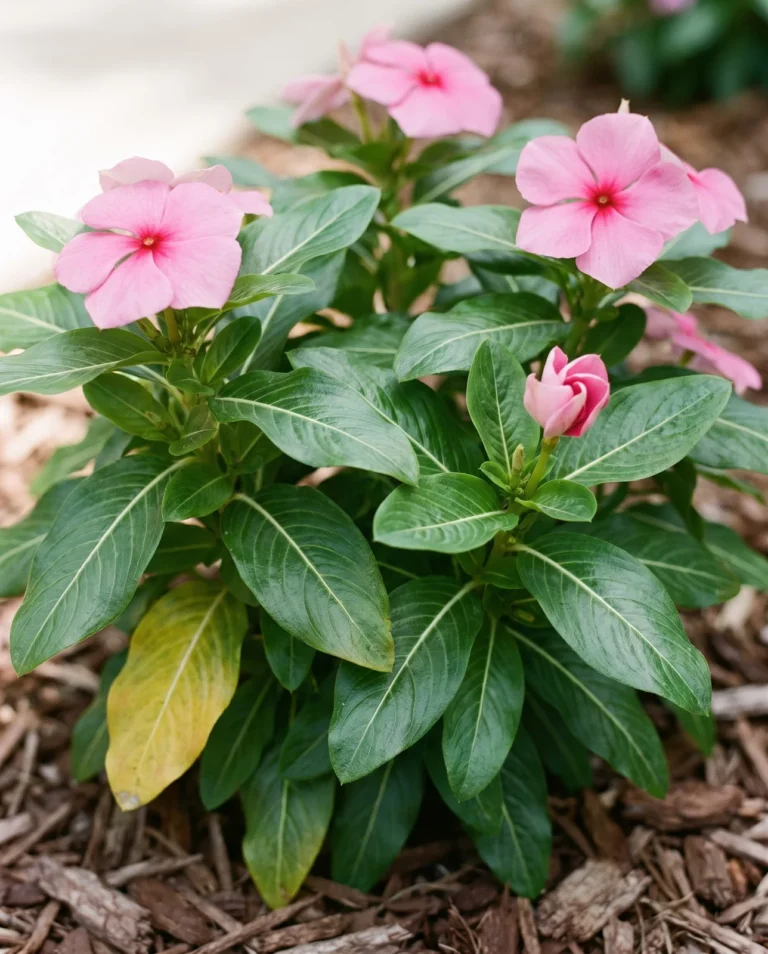 Annual vinca close up: upright mound with glossy pointed leaves and flat pink pinwheel flowers with a dark eye