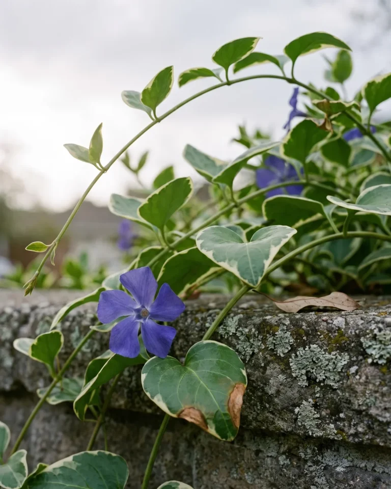 Bigleaf periwinkle Vinca major close up: larger heart-shaped leaves, some cream-edged, and larger blue flowers on arching stems