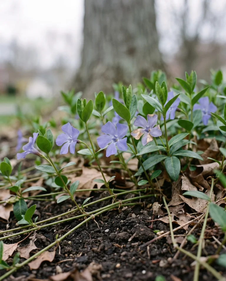 Periwinkle Vinca minor close up: trailing stems with small glossy oval leaves and blue pinwheel flowers on the ground