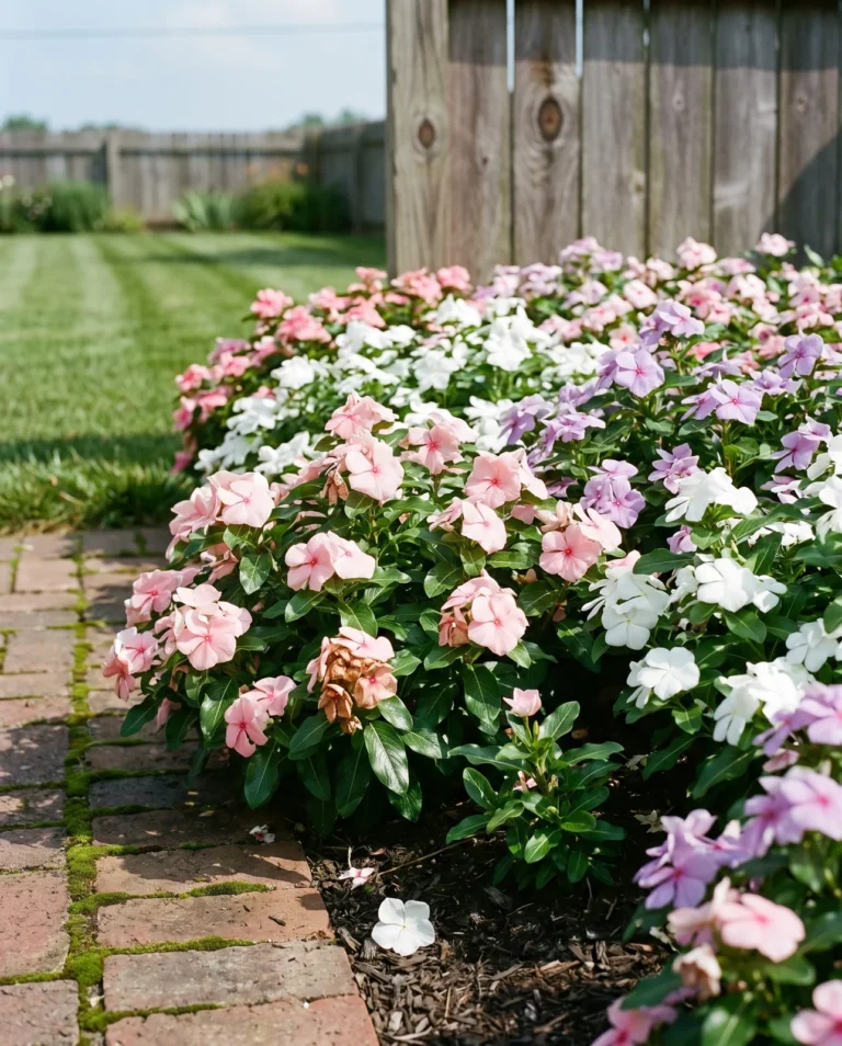 Cora series annual vinca with large flowers in pink, white and lavender in a dense sunny bed