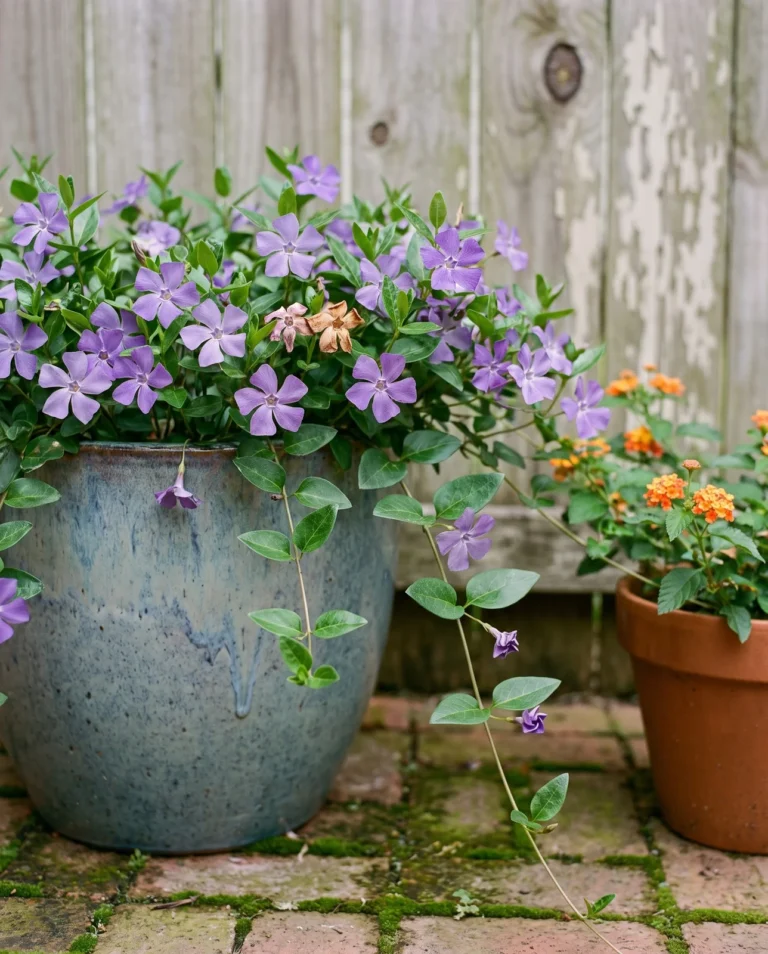 Cora Cascade Violet trailing annual vinca spilling violet flowers over the edge of a container