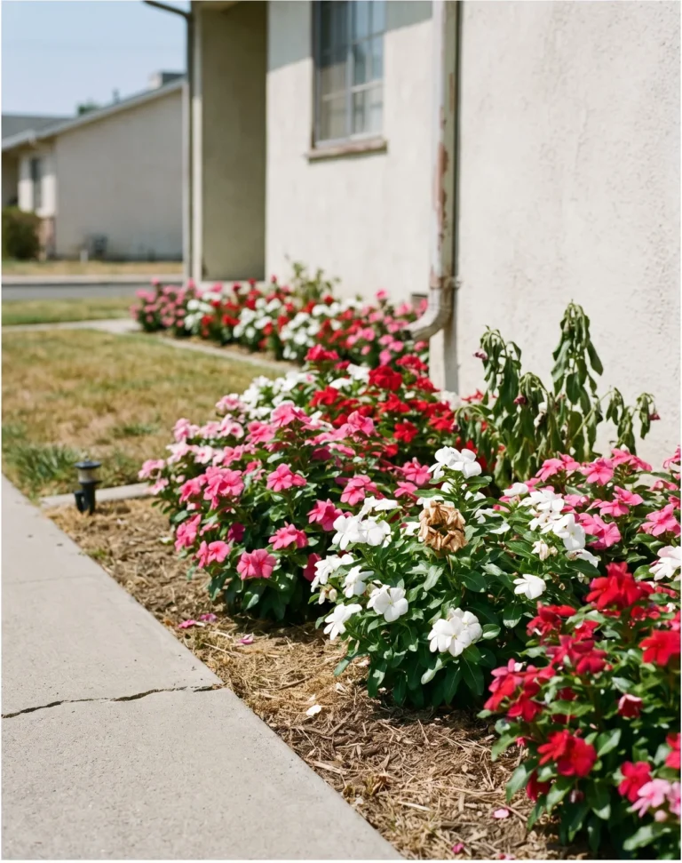 Cora XDR annual vinca with bright flowers in a mass planting along a sunny commercial walk