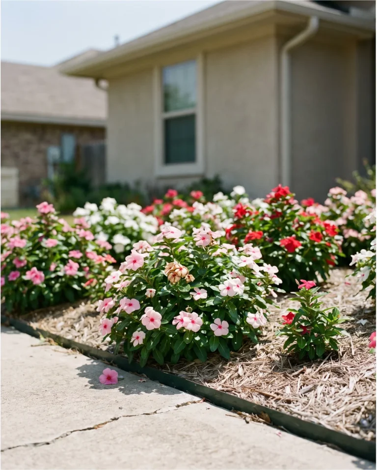 Heatwave series annual vinca blooming in a compact mound in a sunny Texas bed with dry mulch