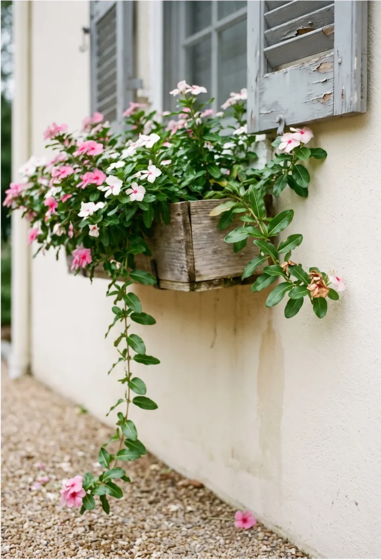 Mediterranean trailing annual vinca spilling pink and white flowers from a window box on a stucco wall