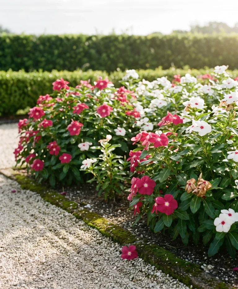 Nirvana series annual vinca with large flowers in deep pink and white with dark eyes in a sunny bed