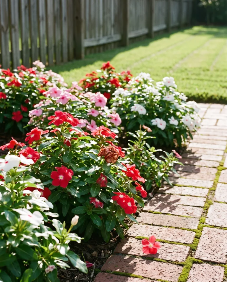 Pacifica series annual vinca with flowers in red, pink and white with contrasting eyes in a sunny bed