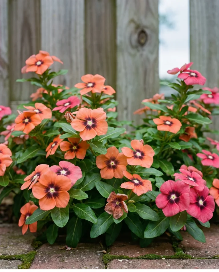 Tattoo series annual vinca with flowers shaded dark toward the center like an airbrushed wash in a garden bed