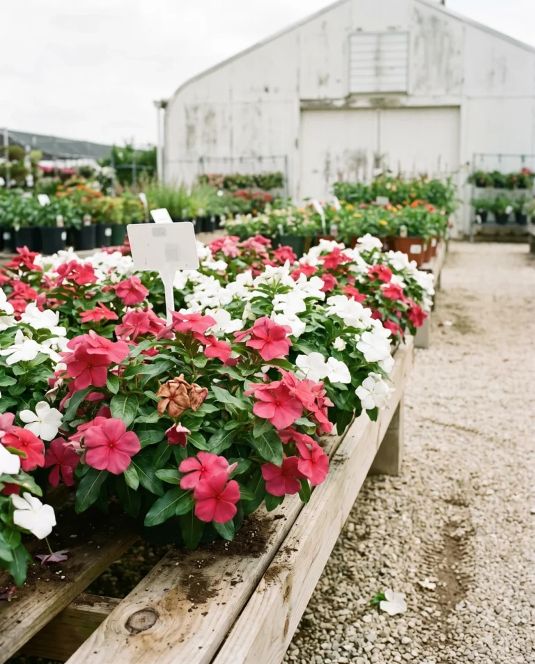 Titan series annual vinca with extra-large flowers in rose and white in a garden center display bed