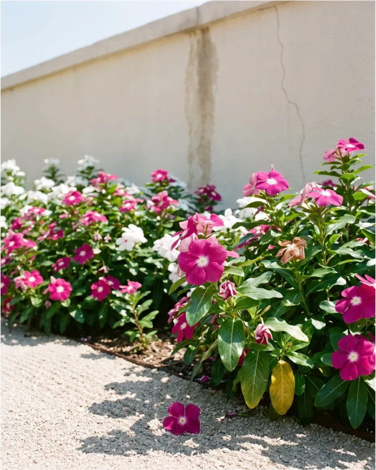 Valiant series annual vinca with large flowers in magenta and white in a hot sunny bed