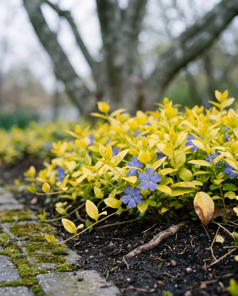Honeydew periwinkle groundcover with chartreuse-gold leaves and blue flowers brightening a shady bed